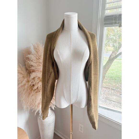 Tan Ribbed Cocoon Shrug Sweater Women’s Small Cropped Dolman Sleeve Minimalist - Picture 1 of 8